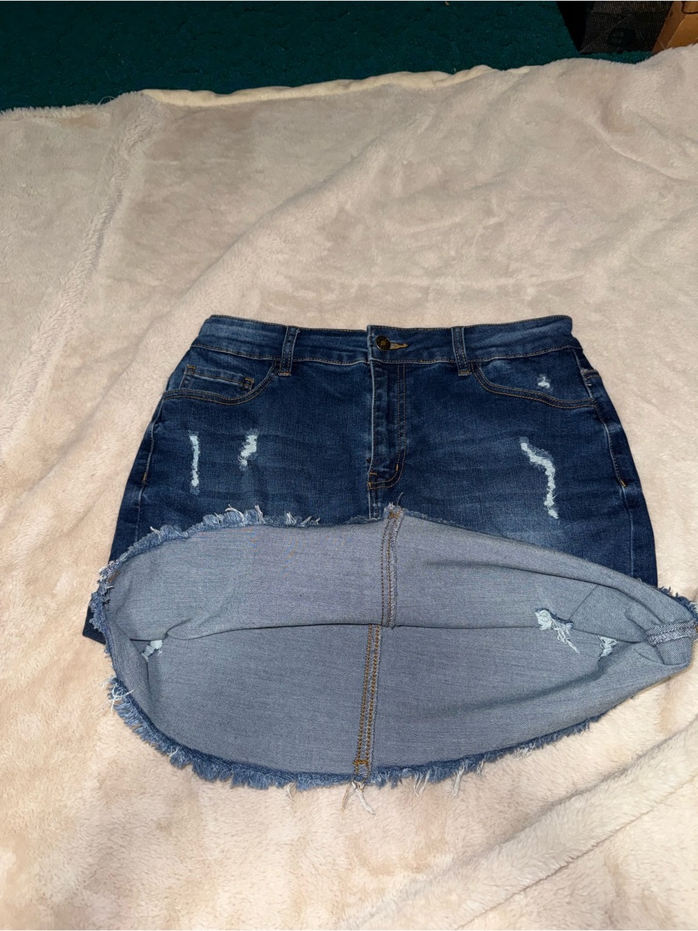 Dark Blue Distressed Denim Skirt - Women - Picture 4 of 9
